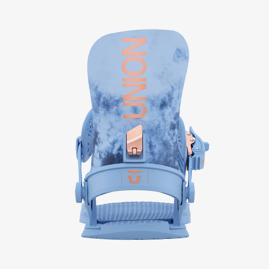 A light blue snowboard binding with the word "UNION" in orange on the back.