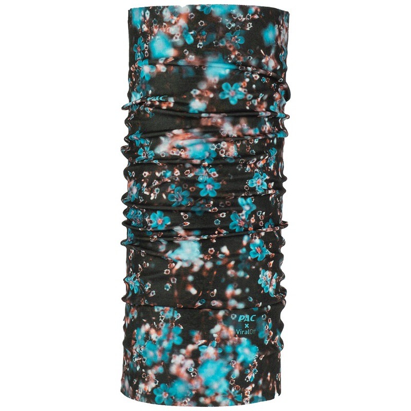 Shawl with a floral pattern in turquoise and brown on a dark background, shown gathered.