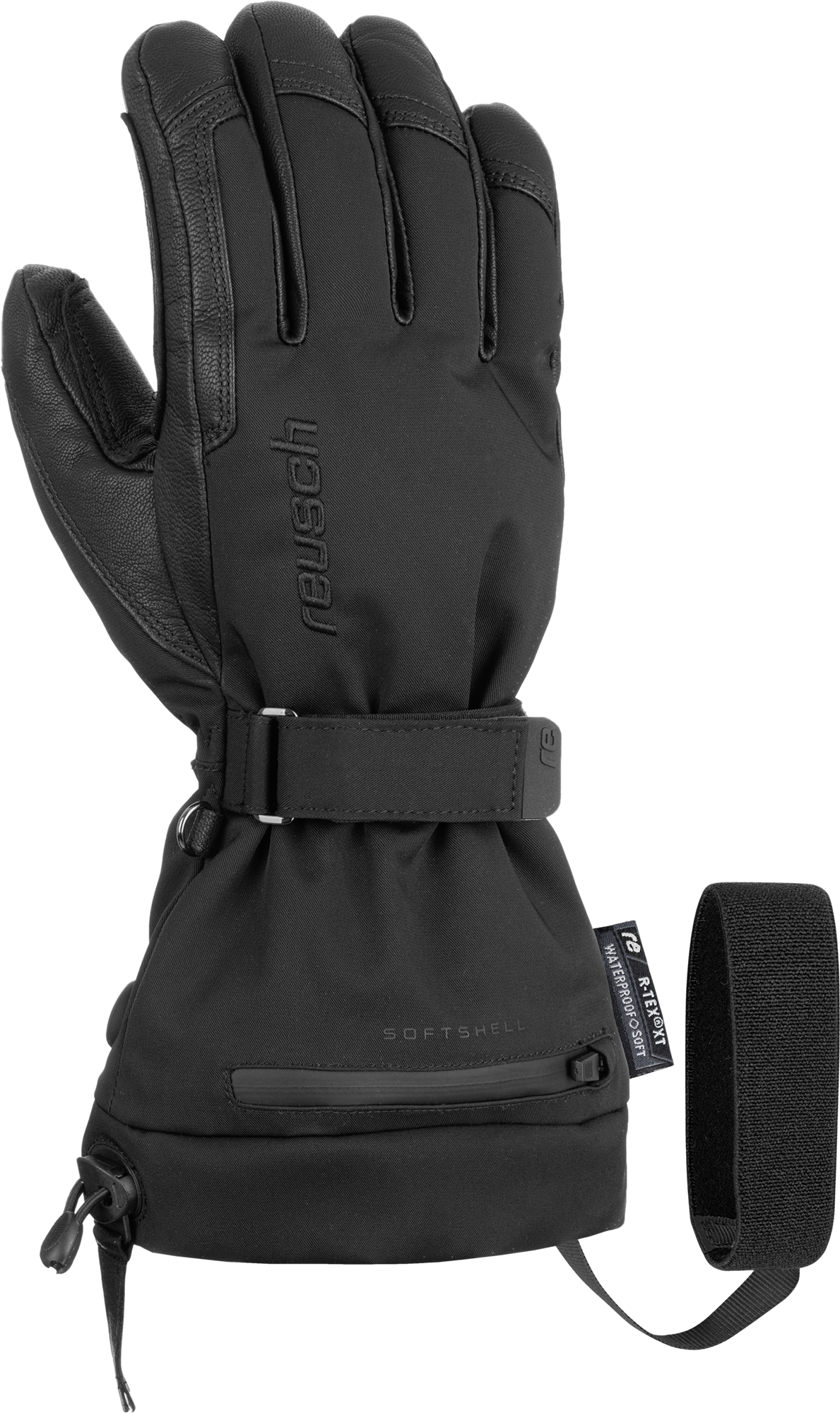 Schwarzer Reusch Instant Heat r-tex XT Skihandschuh mit Lederdetails und einem zusätzlichen schwarzen Klettband.
