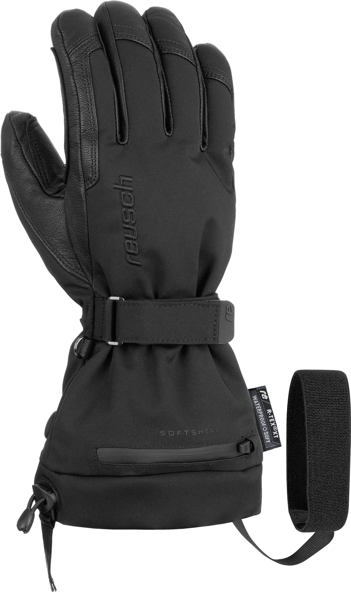 Black Reusch Instant Heat r-tex XT ski glove with leather details and an additional black Velcro strap.