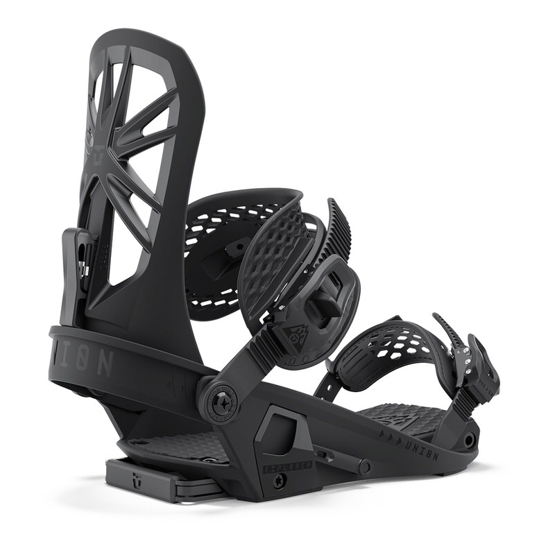 Schwarze Splitboardbindung Schwarze Union Explorer Splitboardbindung, seitliche Ansicht mit sichtbaren Riemen und Befestigungselementen.