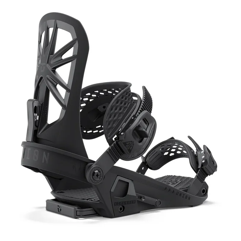 Fixation de splitboard noire Union Explorer, vue latérale avec sangles et éléments de fixation visibles.