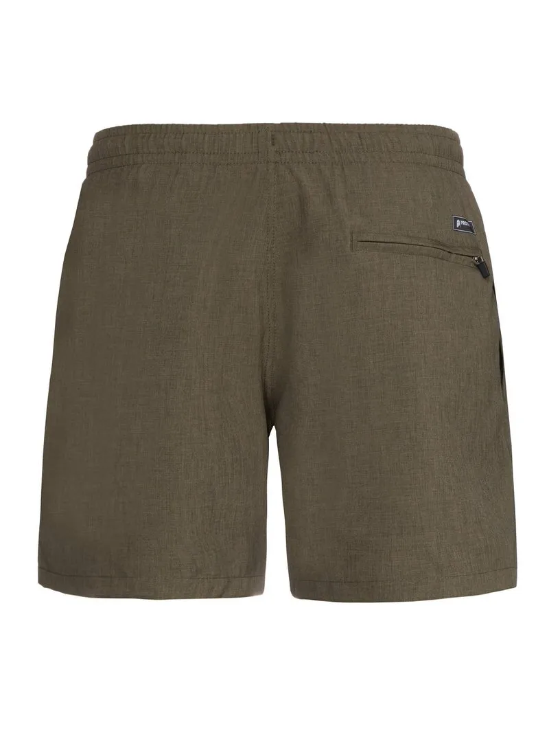 Green Protest Davey swim shorts from the back, with elastic waistband and zipped pocket.