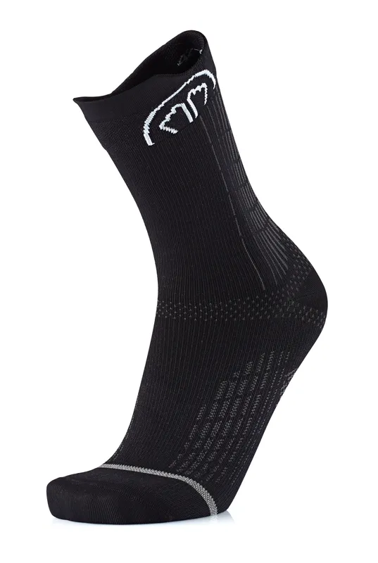 A black sock with a white logo on the shaft and a gray stripe on the toe, on a white background.