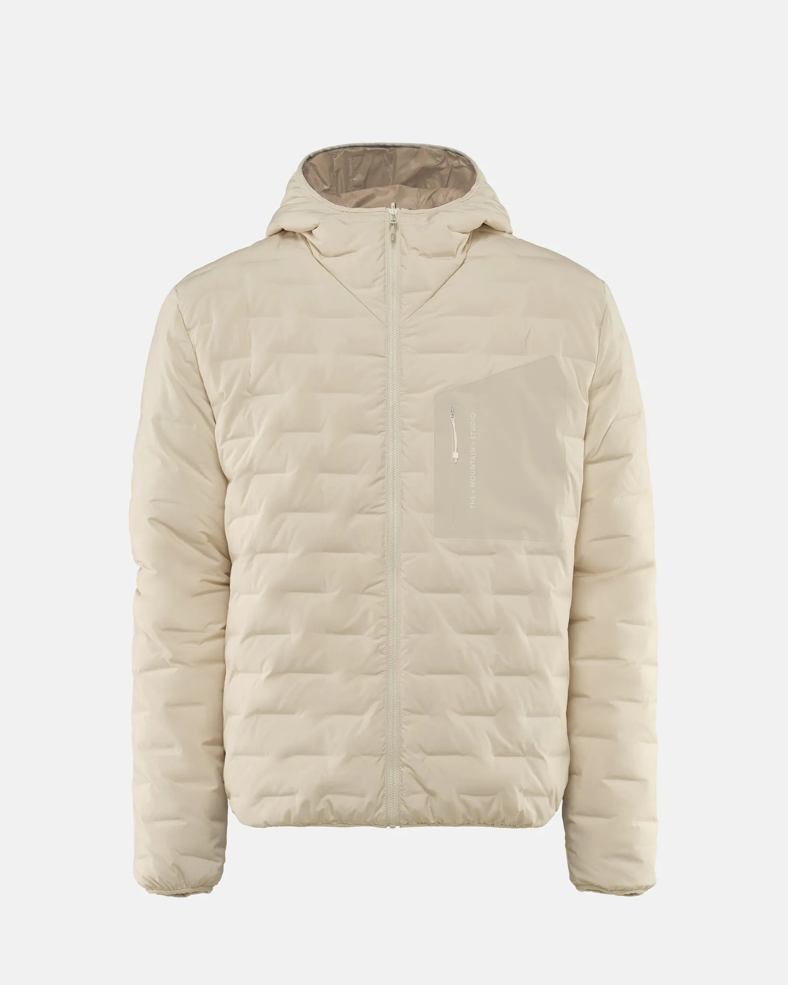 Sand-coloured, quilted light hood jacket with zipper and hood. One chest pocket with zipper is visible.