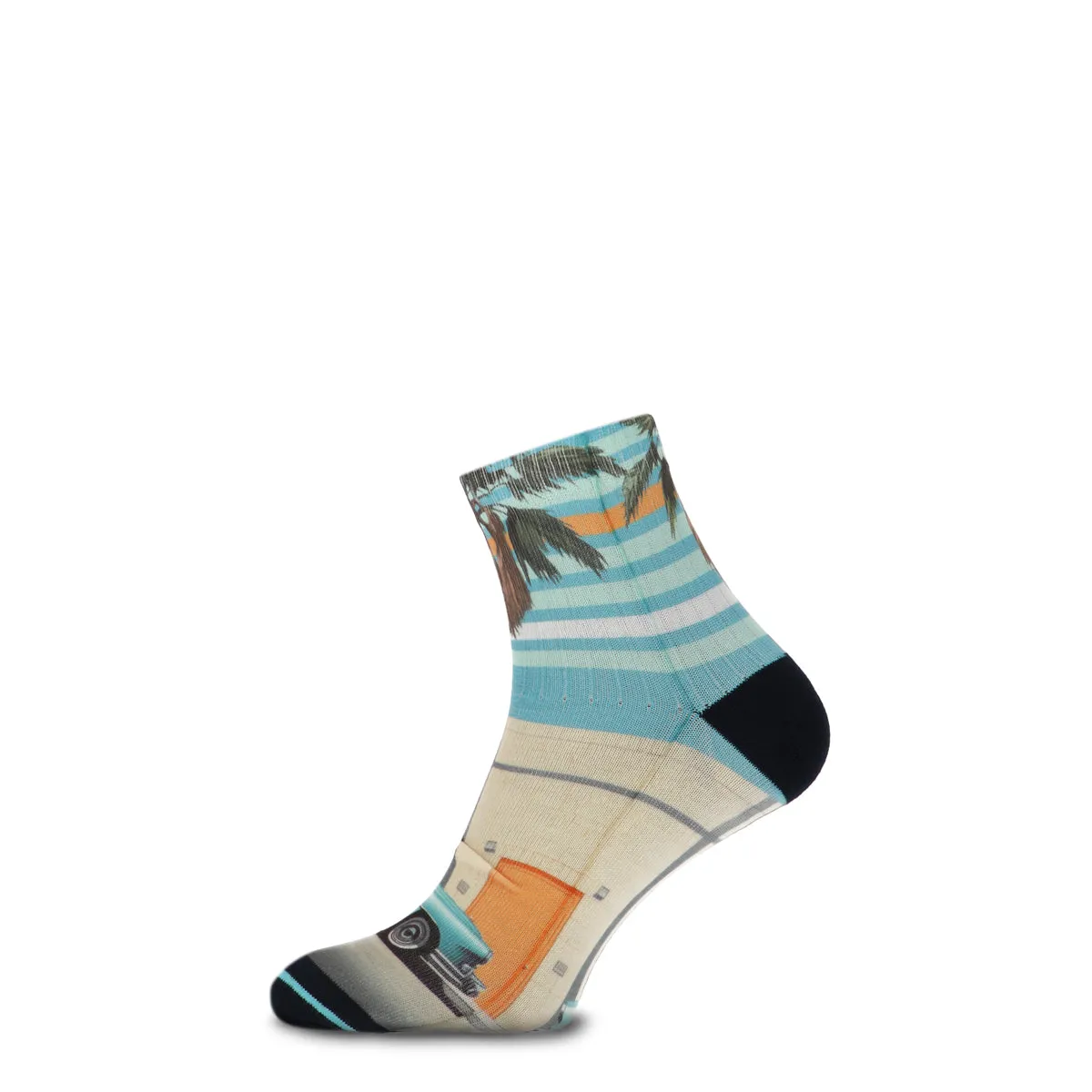 Quarter sock with Miami motif: vintage cars and palm trees, striped pattern in blue and white. Heel is black.