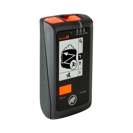 Digitales Barryvox LVS-Gerät in schwarz/orange, Display zeigt Suchanleitung mit Person und Lawine.