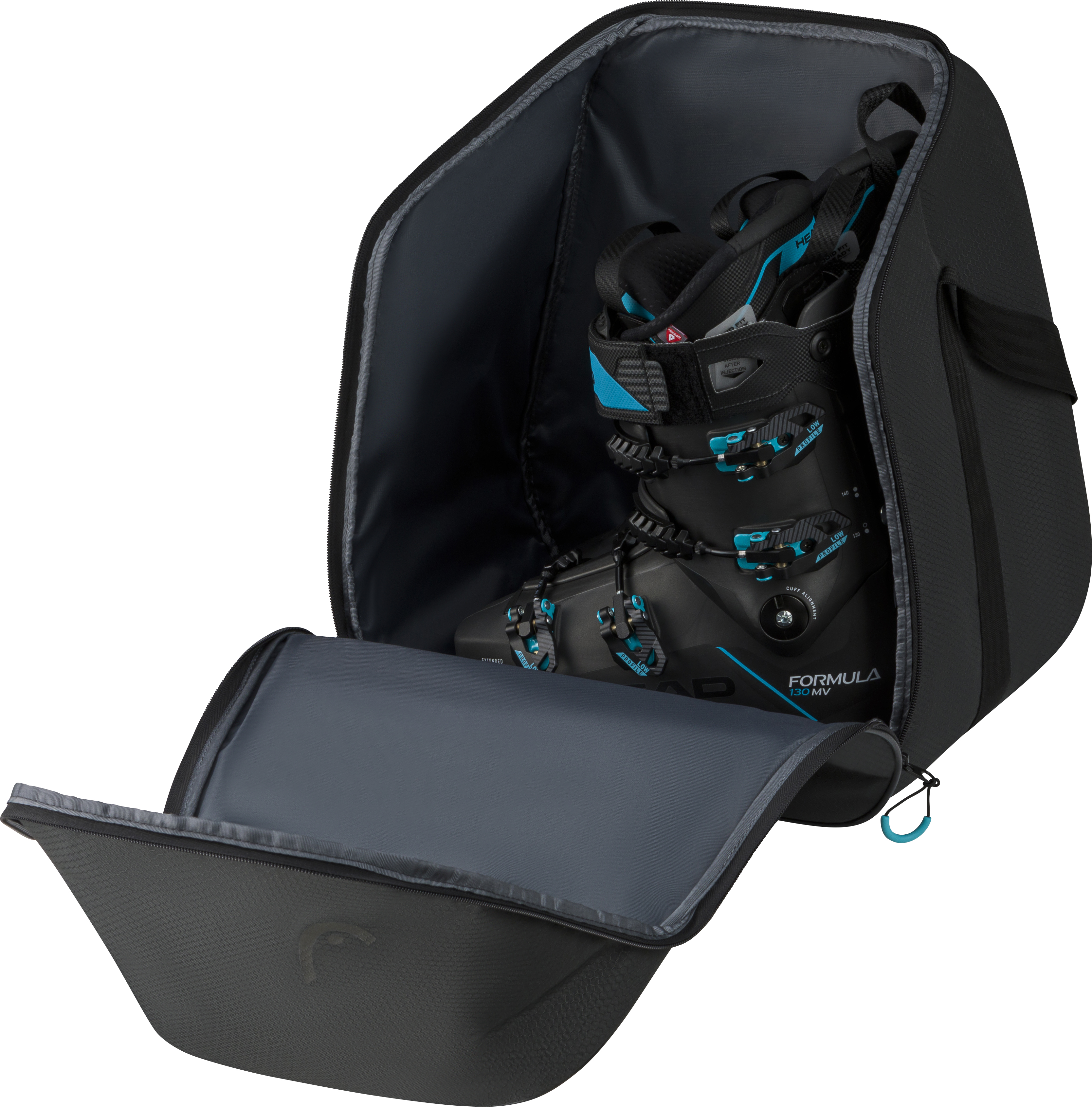 Offene Head Bootbag 2026 Tasche in schwarz mit einem Paar Skischuhe in türkis und schwarz.