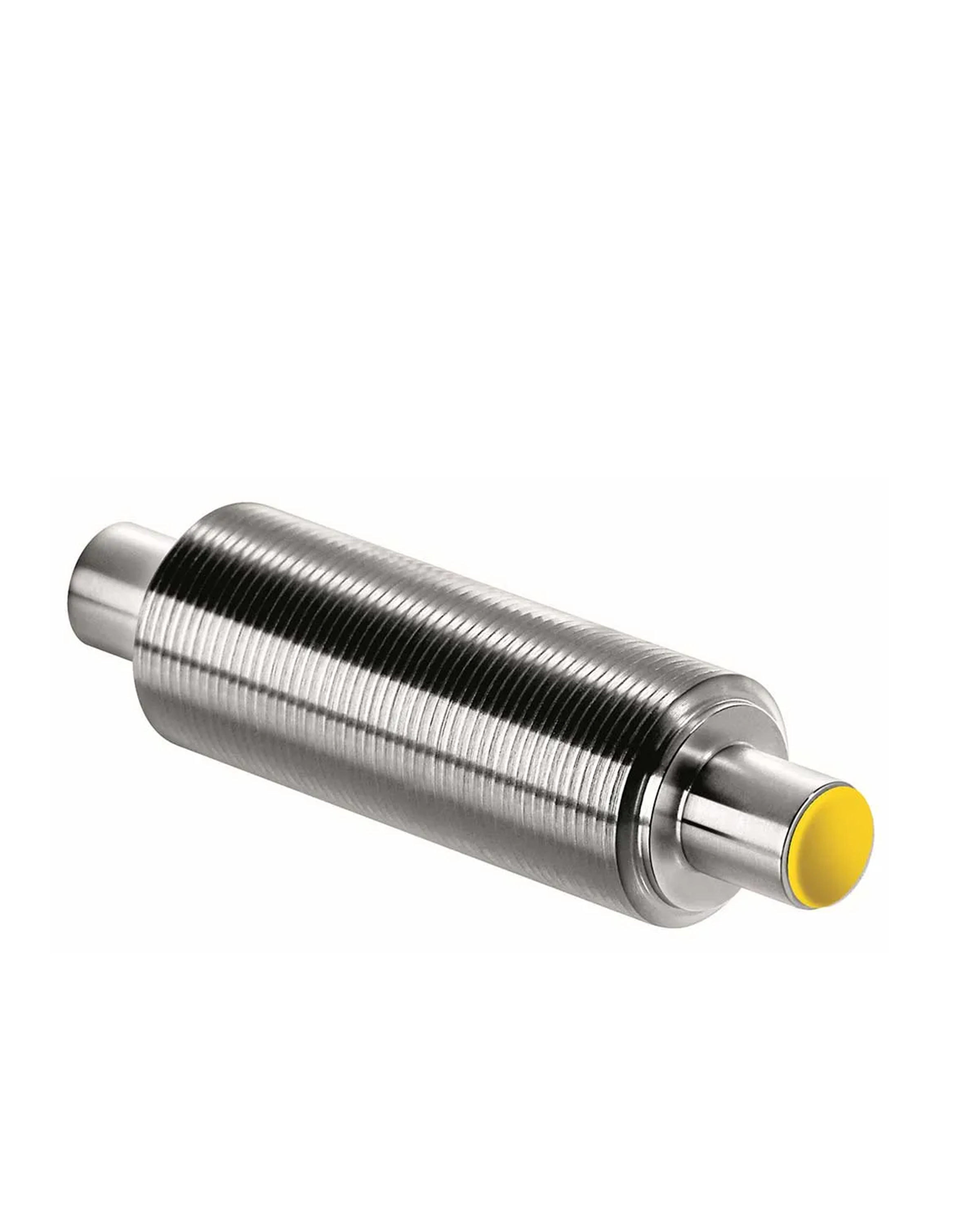 Cilindro di metallo con scanalature Un oggetto metallico cilindrico con sottili scanalature e un'estremità gialla si trova in diagonale su una superficie bianca.
