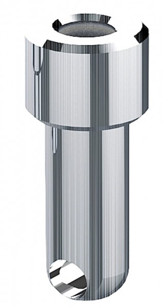 Silver Leki adapter sleeve Silver Leki Adapter sleeve Trigger 3D, cylindrical shape, with cut-outs at the upper end and a hole at the bottom.