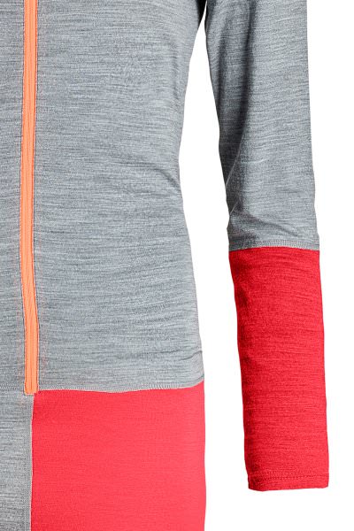 Grau-orange Overall Detail Detailaufnahme des grauen 185 RNW Overalls mit orangefarbenem Reißverschluss und roter Farbe am Arm und im Hüftbereich.