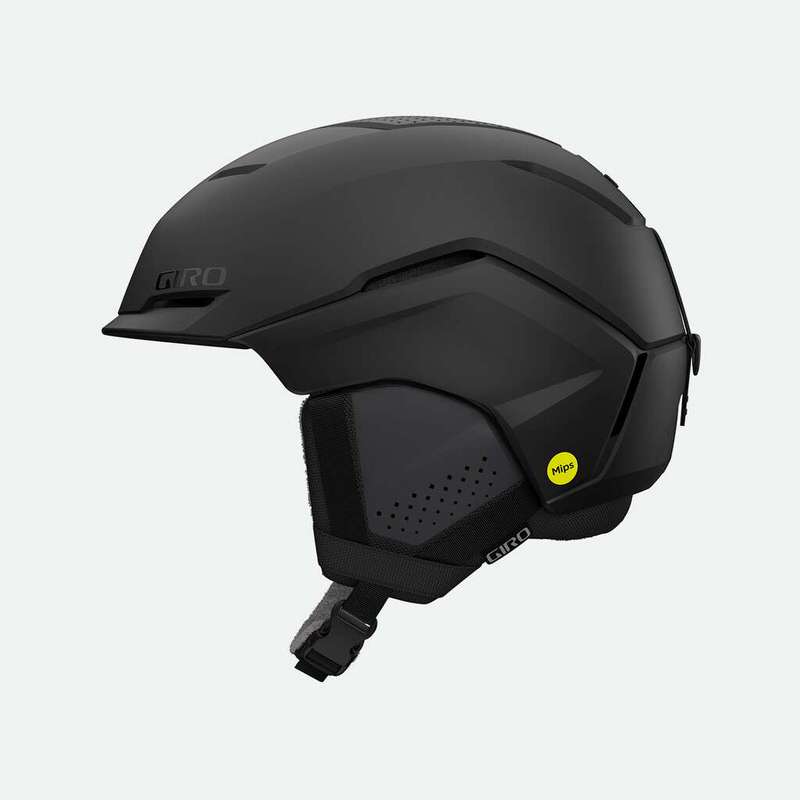 Schwarzer Giro Tenet MIPS Skihelm für Damen, Seitenansicht mit Ohrenpolstern und MIPS Logo.