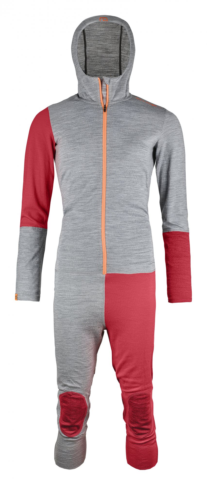 Grauer Merino Overall Grauer Merino Overall mit Kapuze und orangem Reißverschluss, Ärmel und Hosenbeine rot.