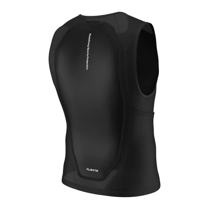 Black, sleeveless protective vest for sports with mesh structure and "Redefining Sports Protection" print. FLAXTR is visible on the lower back.