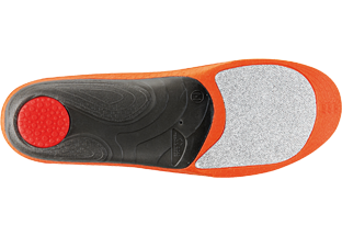 Orange Sidas Wintersohle Orange Sidas Sohle 3feet Winter Low von unten. Rot gepunktete Ferse, schwarzes Fußbett und graue Zehenpartie.