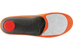 Suola arancione Sidas 3feet Winter Low dal basso. Tacco a pois rossi, sottopiede nero e punta grigia.