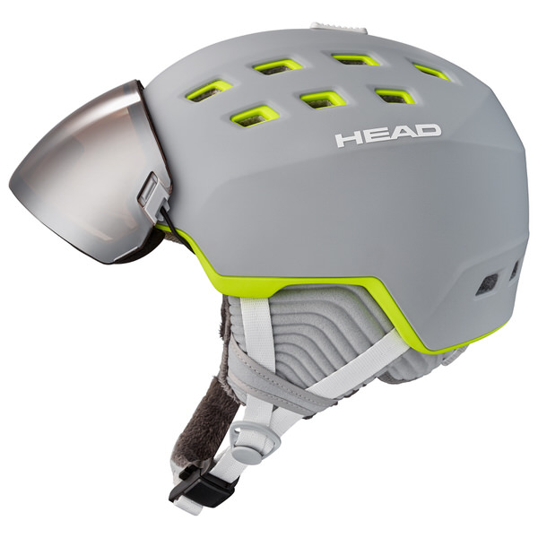 Grau-Limefarbener Skihelm "Head Rachel" mit Visier, seitliche Ansicht.