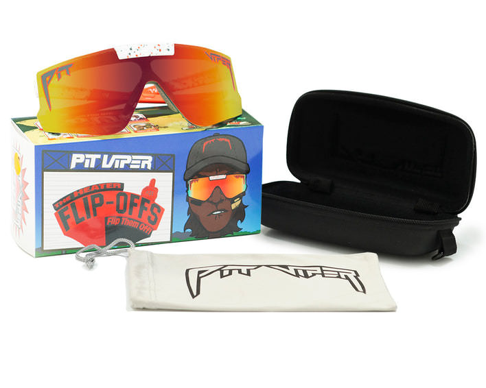 Lunettes de soleil orange flip-offs sur carton avec étui et chiffon de nettoyage.