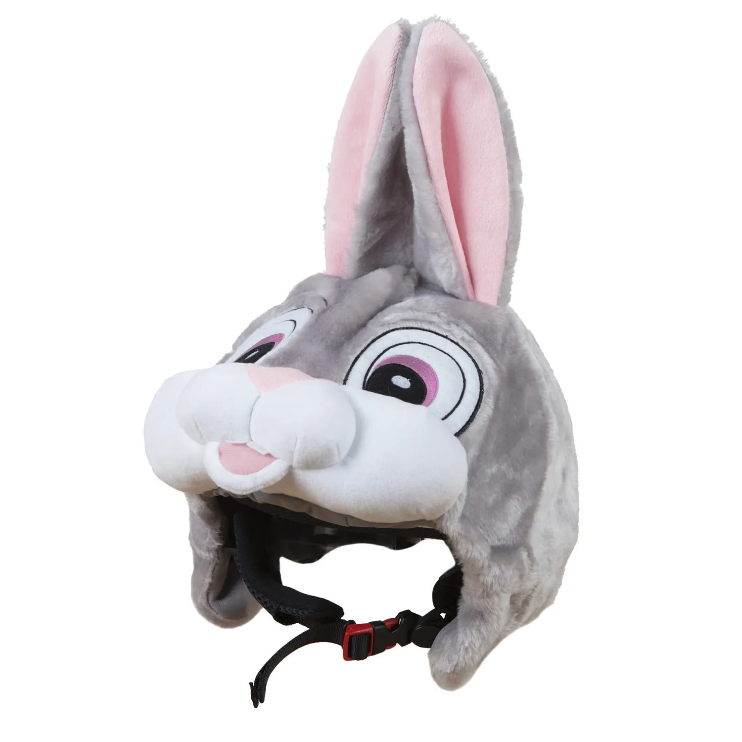 Gray ski helmet cover with rabbit face and long ears, red buckle.
