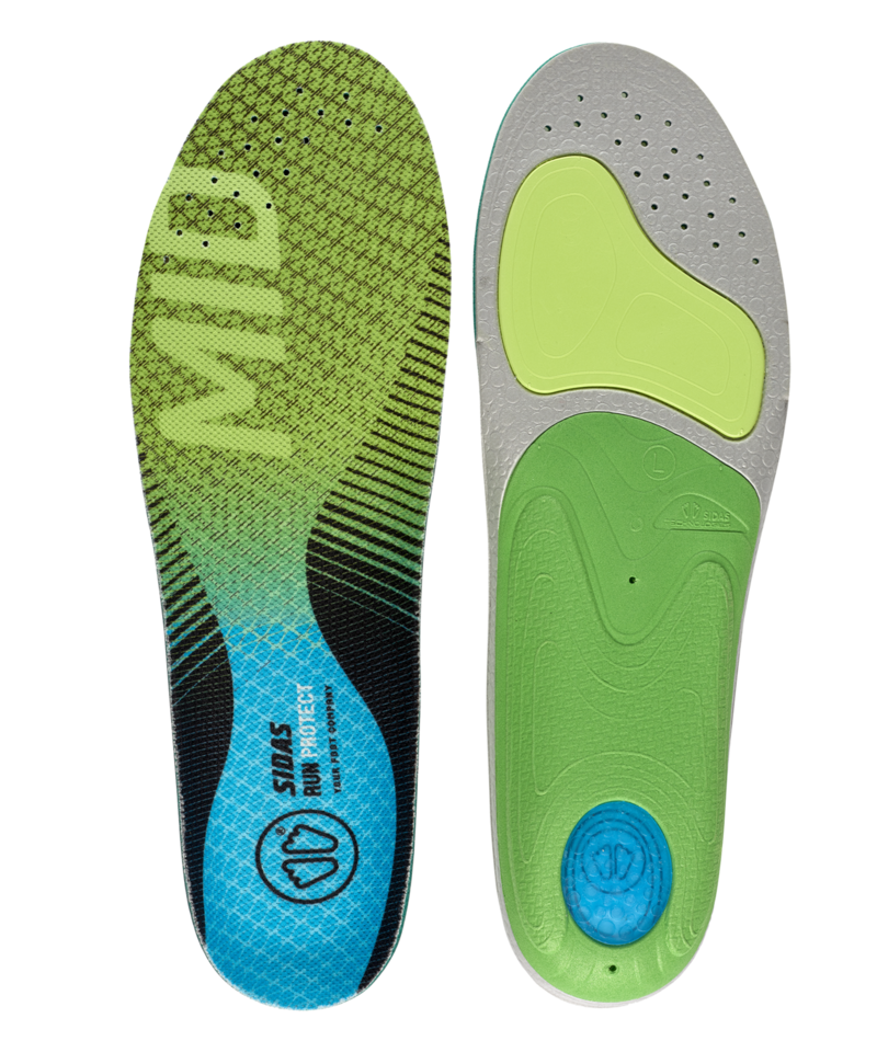 Zwei Sidas 3 Feet Run MID Einlegesohlen, Ansicht von Ober- und Unterseite. Grün, blau, grau und mit Perforierungen.
