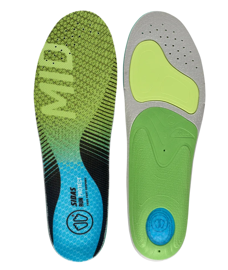 Two Sidas 3 Feet Run MID insoles, top and bottom view. Green, blue, gray and with perforations.