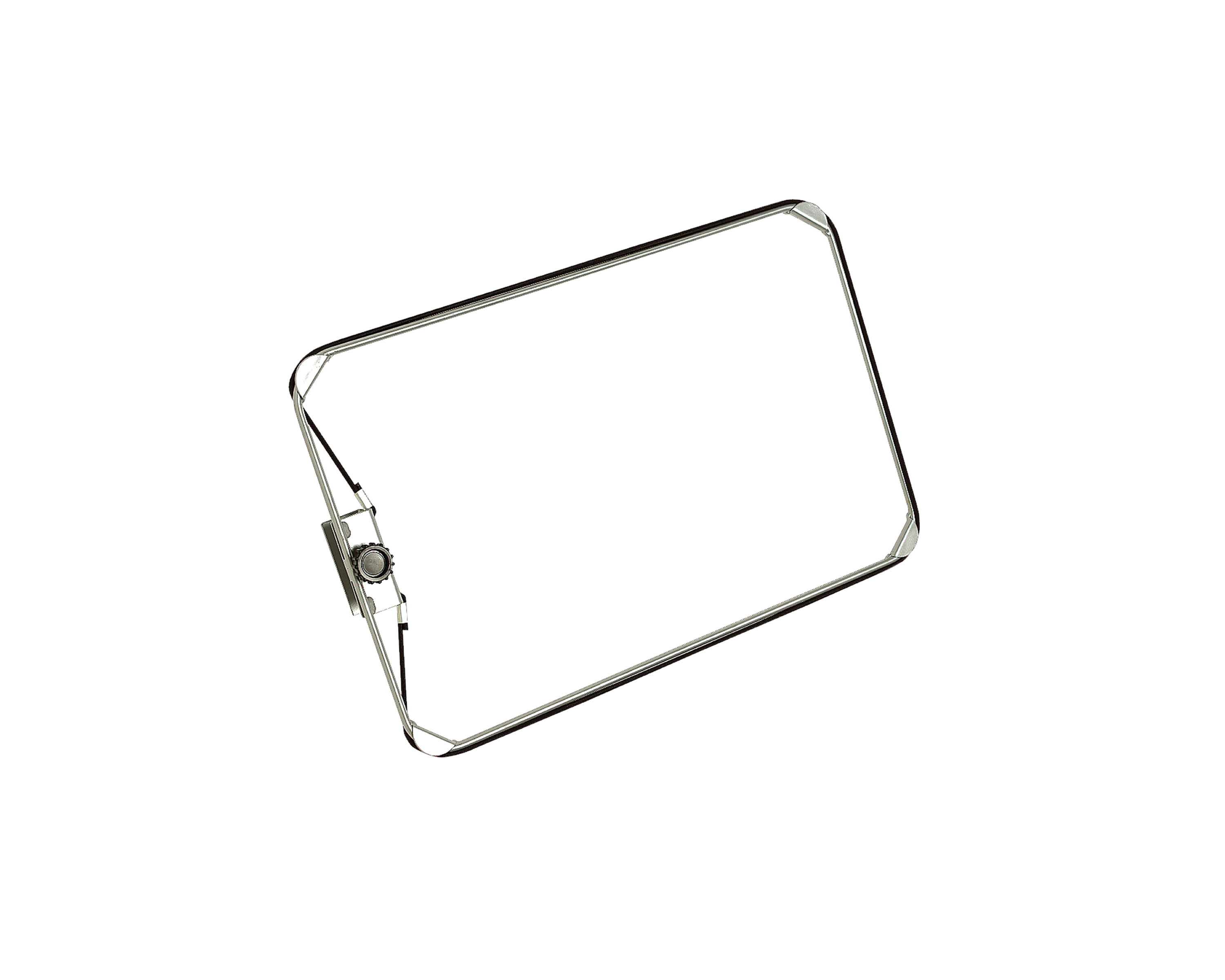 Metallener Müllsackhalter mit rechteckigem Rahmen und Befestigungselement für einen Wachstisch.