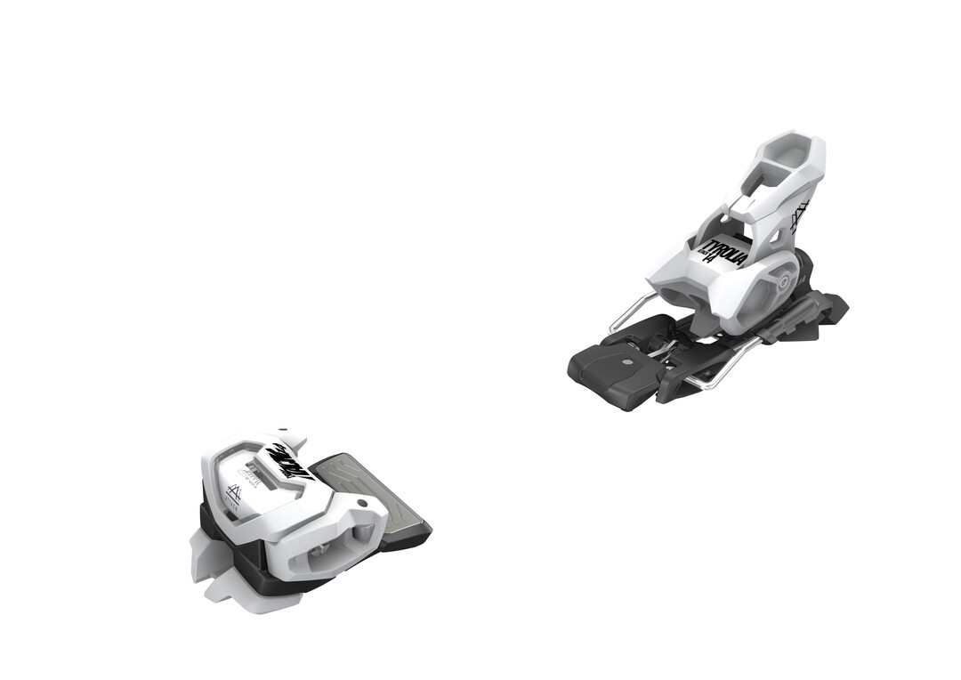 Weiße Ski-Bindung, Modell ATTACK² 14 GW, seitliche Ansicht. Vorder- und Hinterteil der Bindung sind sichtbar.