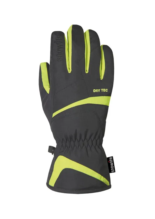 Ein grauer Snowlife Popcorn DT JR Handschuh mit gelben Akzenten, Handfläche nach vorne gerichtet.