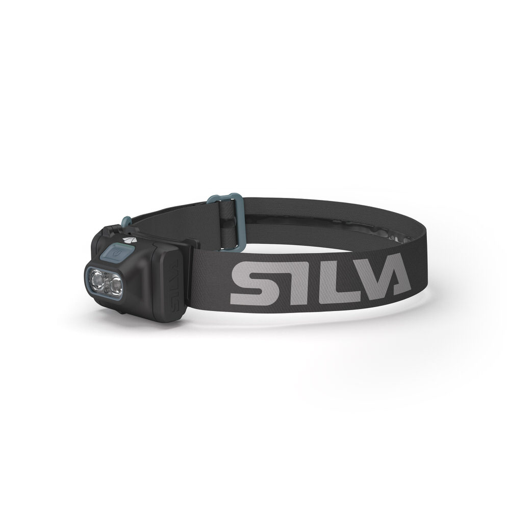 Schwarze Silva Scout 3XTH Stirnlampe mit grauem Stirnband und zwei LED-Leuchten im Lampenkopf.