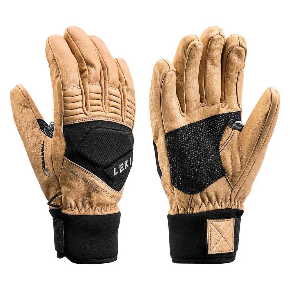 Due guanti Leki Progressiv Copper S in pelle marrone e tessuto nero, palmi rivolti in avanti, isolati su sfondo bianco.