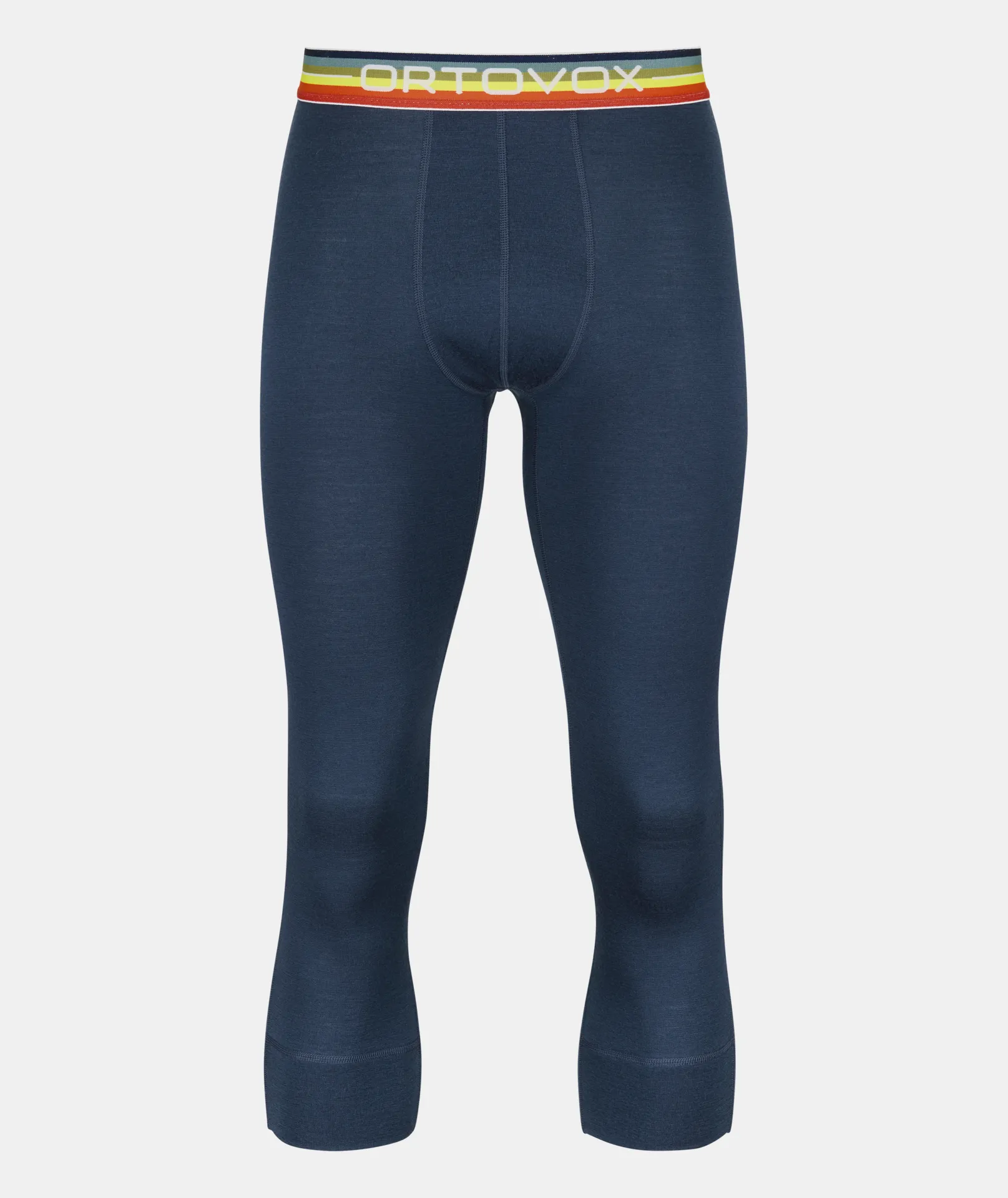 Pantalon bleu 3/4 long ROCK'N'WOOL avec une ceinture colorée portant l'inscription ORTOVOX.