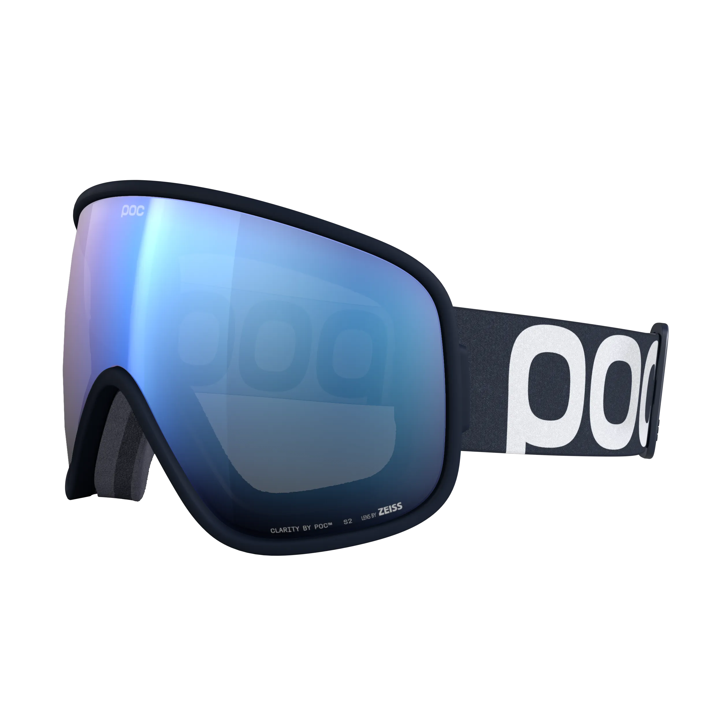 Navy blue POC Vitrea ski goggles with blue mirrored lens, POC logos on the side strap.