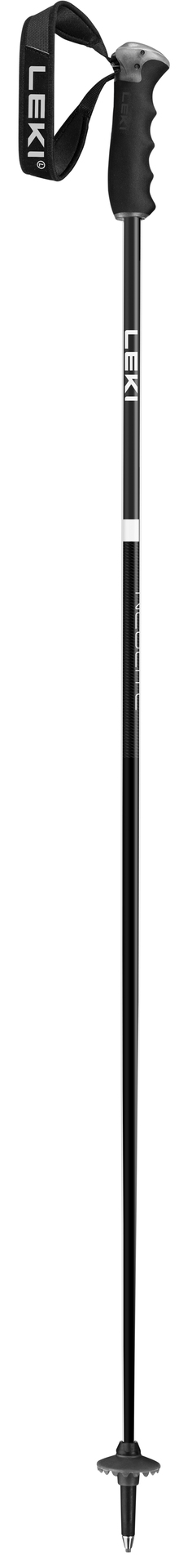 Schwarze Leki Trekkingstöcke Schwarze Trekkingstöcke der Marke Leki mit Handschlaufe, Griff und Teller, freigestellt auf weißem Hintergrund.