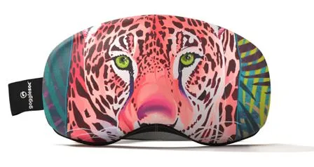 Protective ski goggle cover with jaguar motif in pink, green and brown tones, elastic.