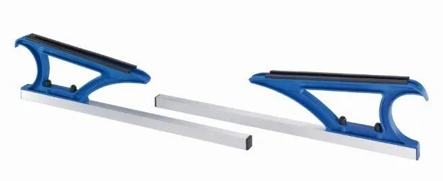 Two blue pull bars with silver, rectangular profiles lie parallel on a white background. Each has a curved handle with black rubber strips and two black screws. Between them lie two silver extensions.