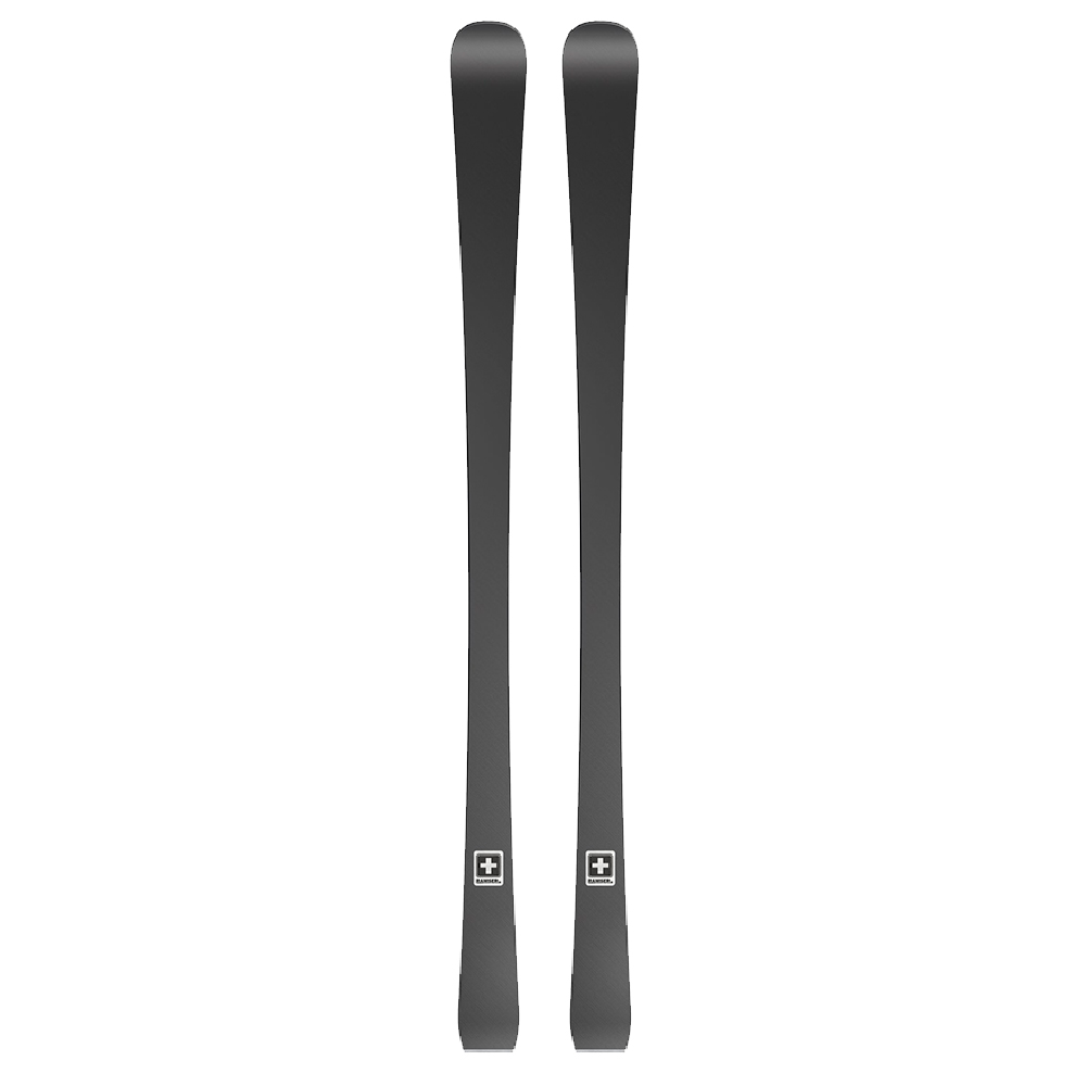 Zwei schwarze Ski, nebeneinander stehend, mit einem weißen Logo am unteren Ende.