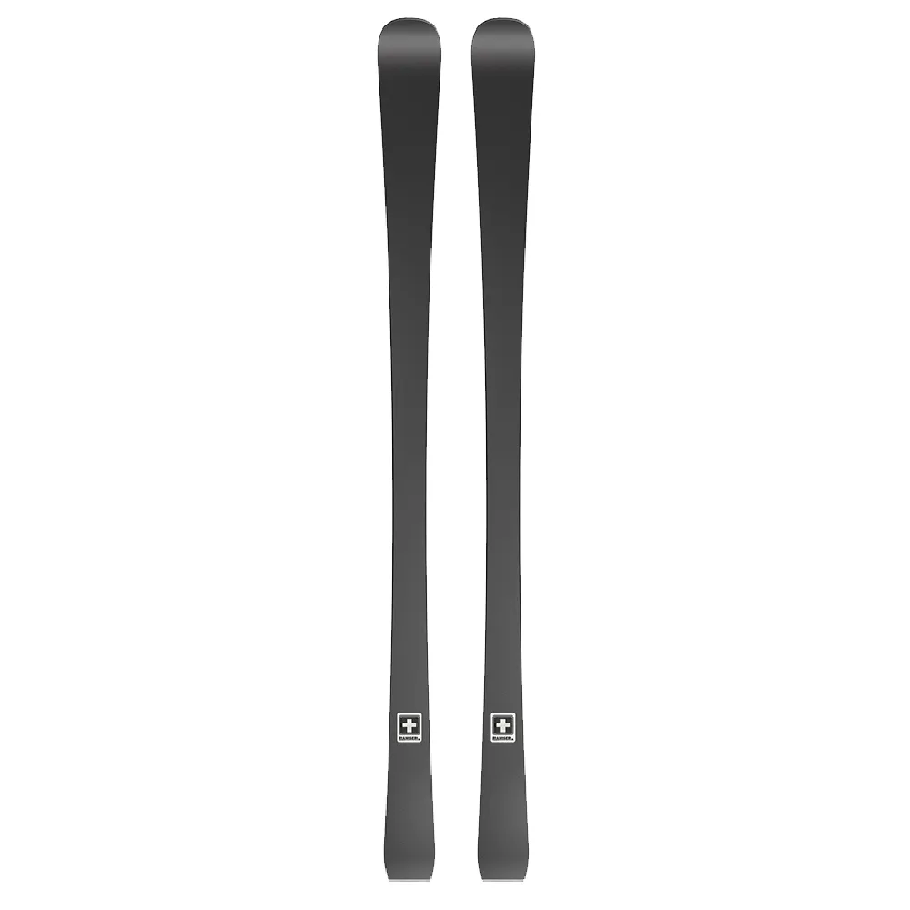 Two black skis, standing next to each other, with a white logo at the bottom.