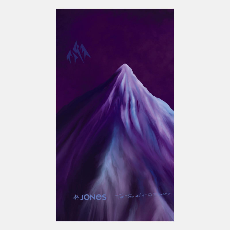 Purple-colored image of a mountain with snow and the Jones logo for the Airheart neckwarmer.