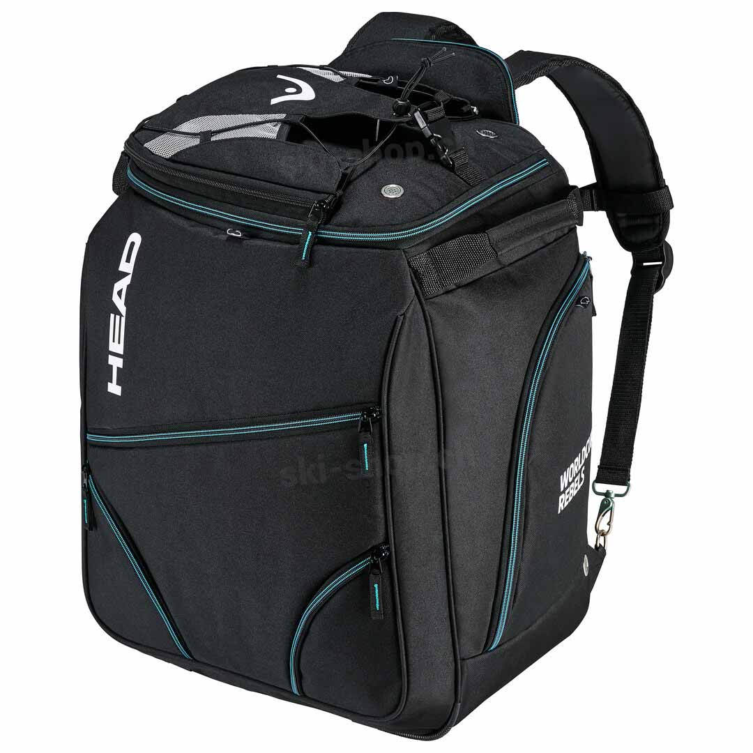 Schwarze Head Heatable Bootbag mit blaugrünen Akzenten und Rucksackgurten.