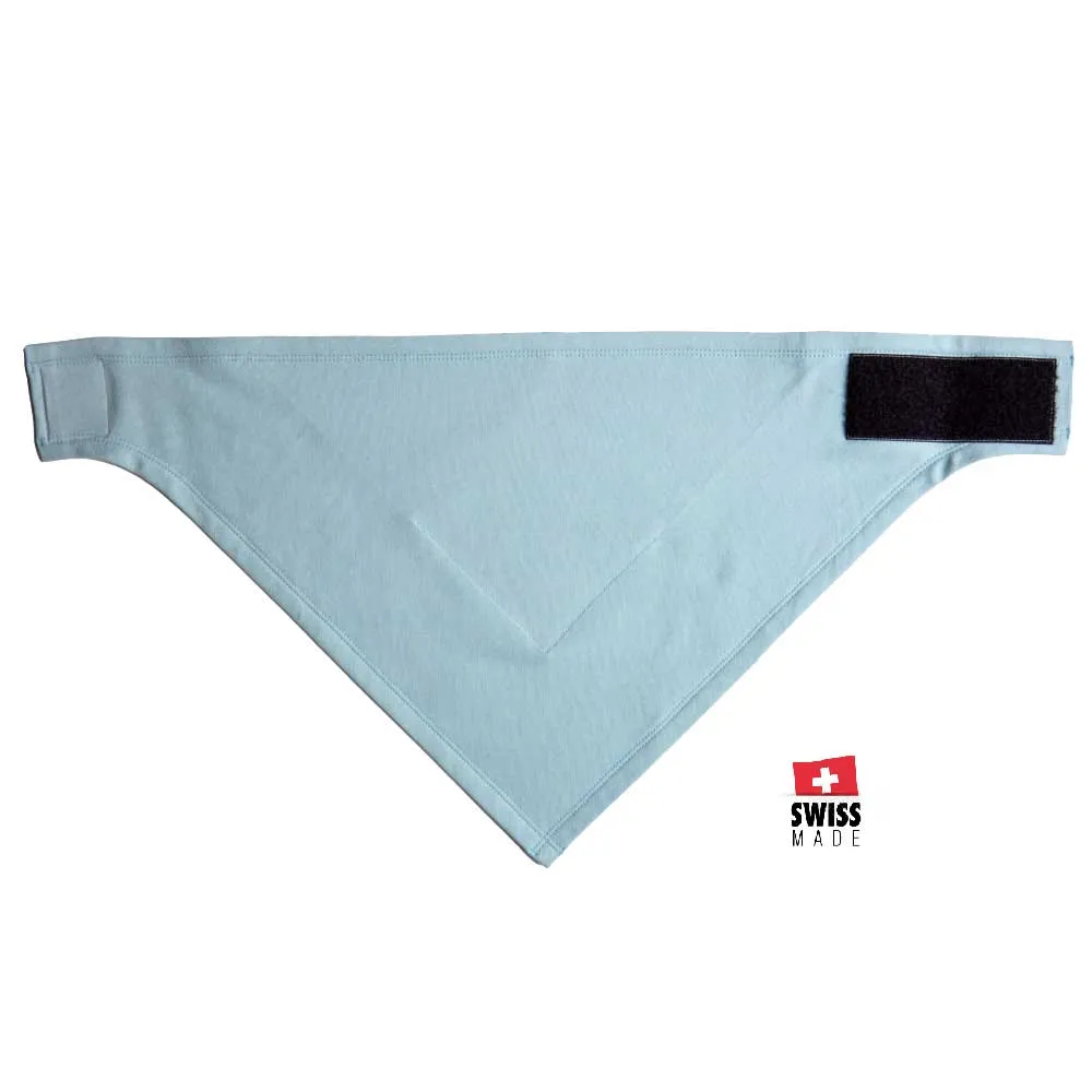 Light blue goSnow filter bandana, triangular, Velcro fastener, Swiss Made logo.
