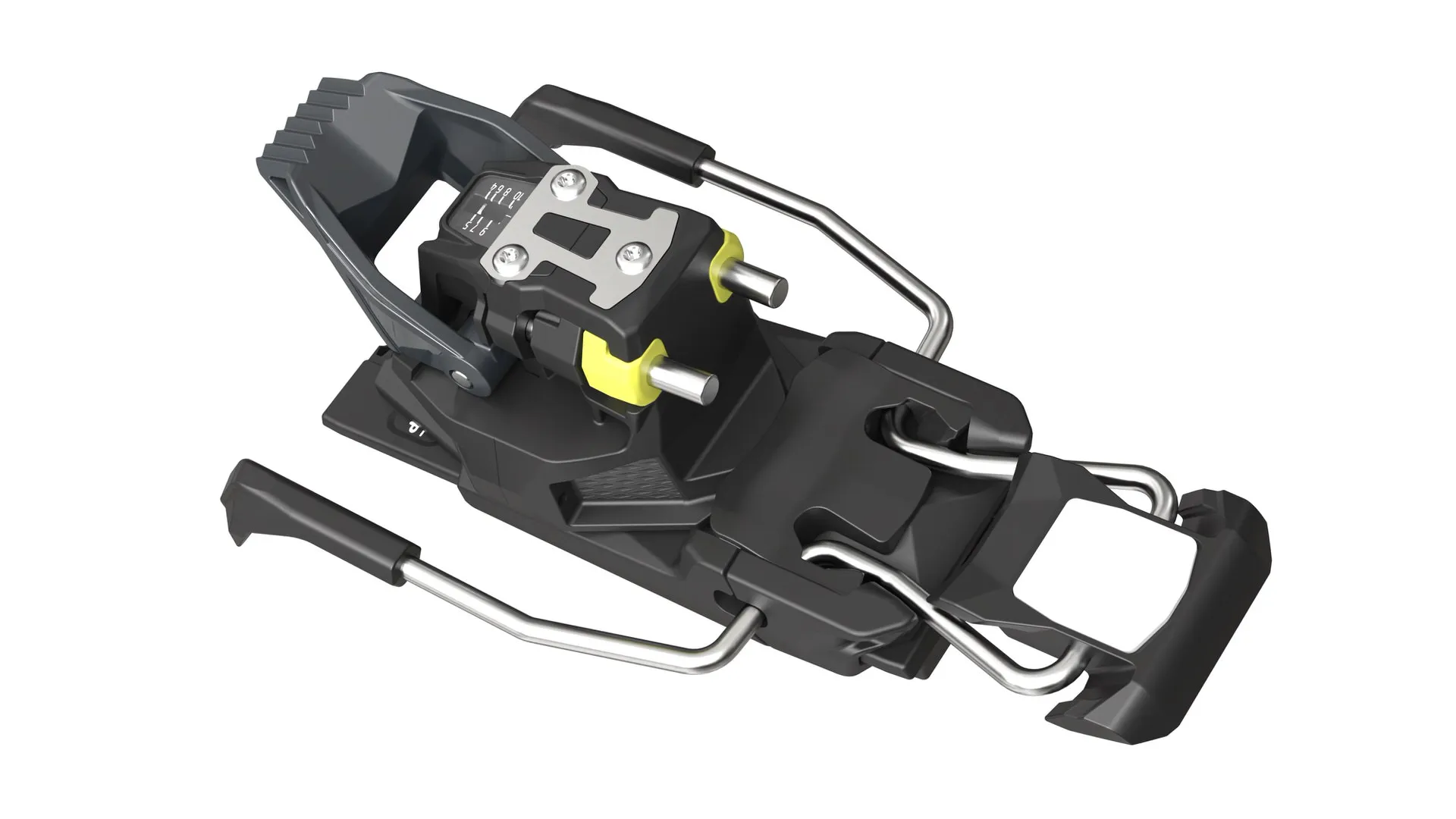Gros plan sur l'unité de talon de la fixation de randonnée Fritschi Xenic 10 en noir avec des accents jaunes sur fond blanc.