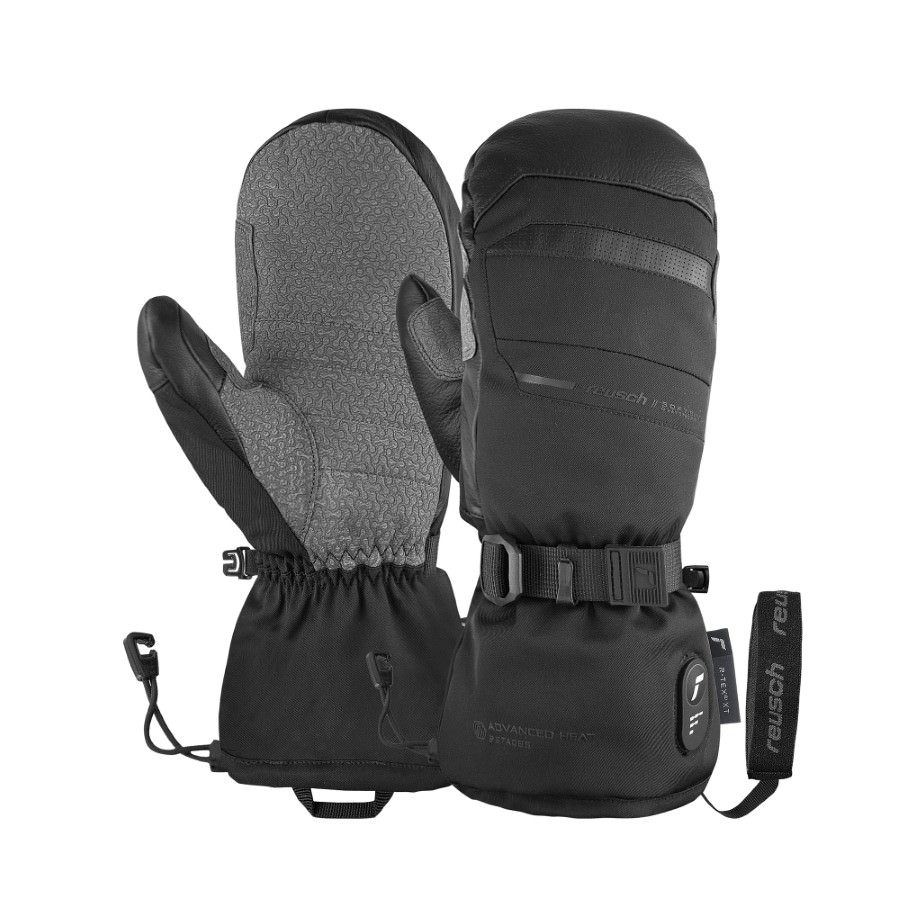 Reusch Advanced Heat Fäustlinge Schwarze Reusch Advanced Heat R-TEX XT Mitten mit grauer Handfläche und verstellbarem Riemen.