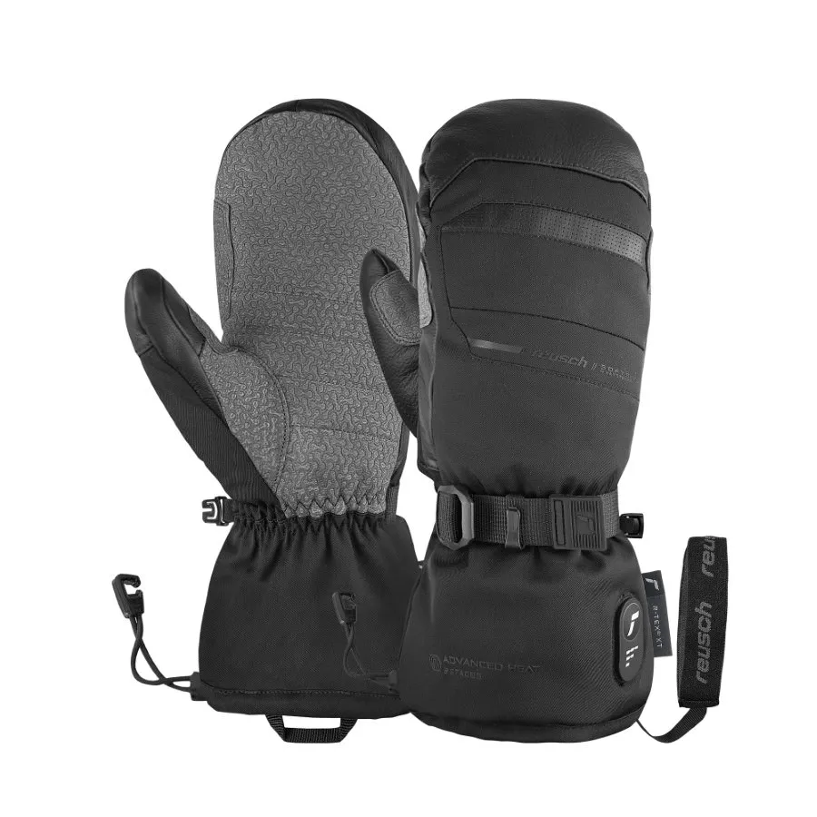 Black Reusch Advanced Heat R-TEX XT mittens with gray palm and adjustable strap.