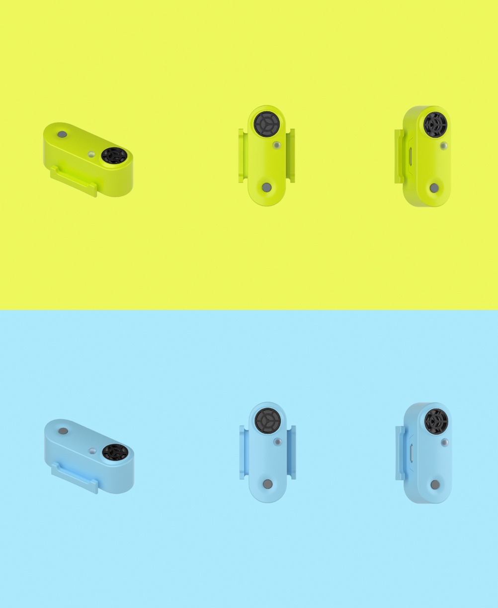Appareils verts et bleus Tickless Run, chacun en trois perspectives sur fond jaune et bleu.