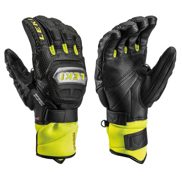 Zwei Leki Worldcup Race TI S Speed System Handschuhe in Schwarz und Gelb.