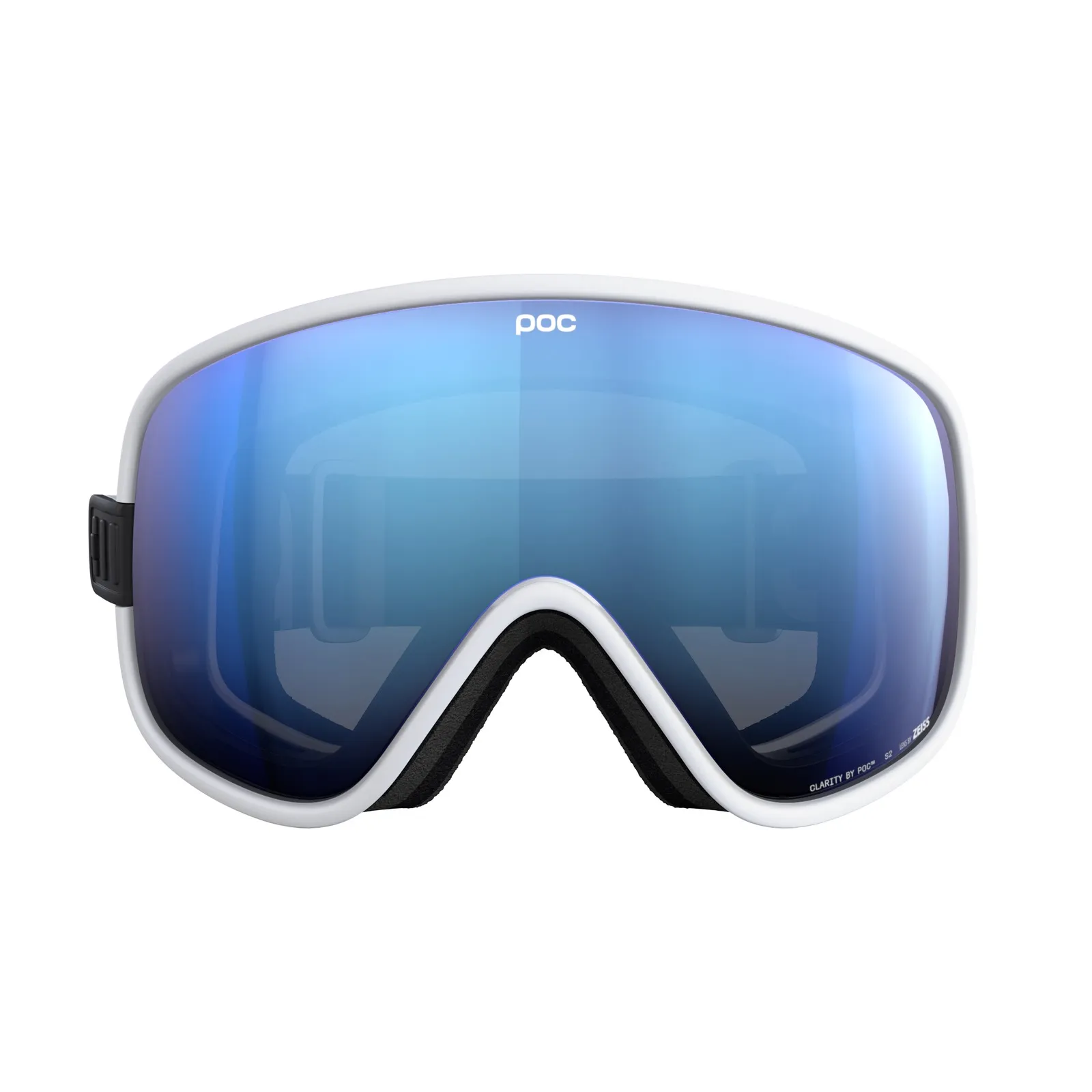 Vista frontale delle maschere da sci POC Vitrea in Hydrogen White con lenti Partly Sunny Blue.
