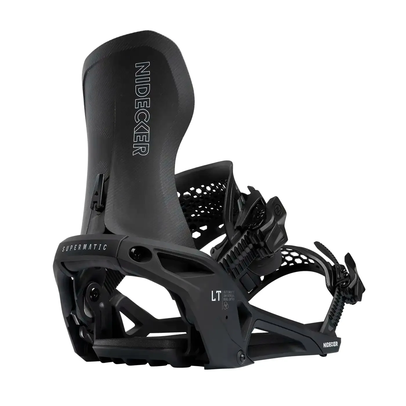 Detailed, black snowboard binding with the lettering "Nidecker" and "Supermatic" on a white background.
