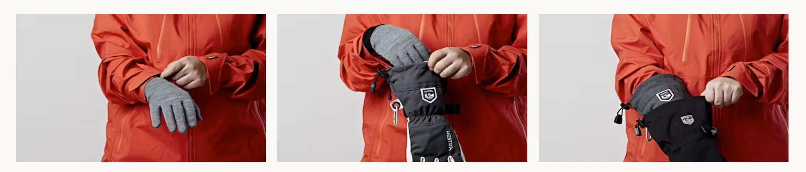 Drei Nahaufnahmen von Händen in Handschuhen vor orangefarbener Jacke. Links: graue Handschuhe; Mitte: schwarze Hestra-Fausthandschuhe; Rechts: Graue und schwarze Fausthandschuhe.