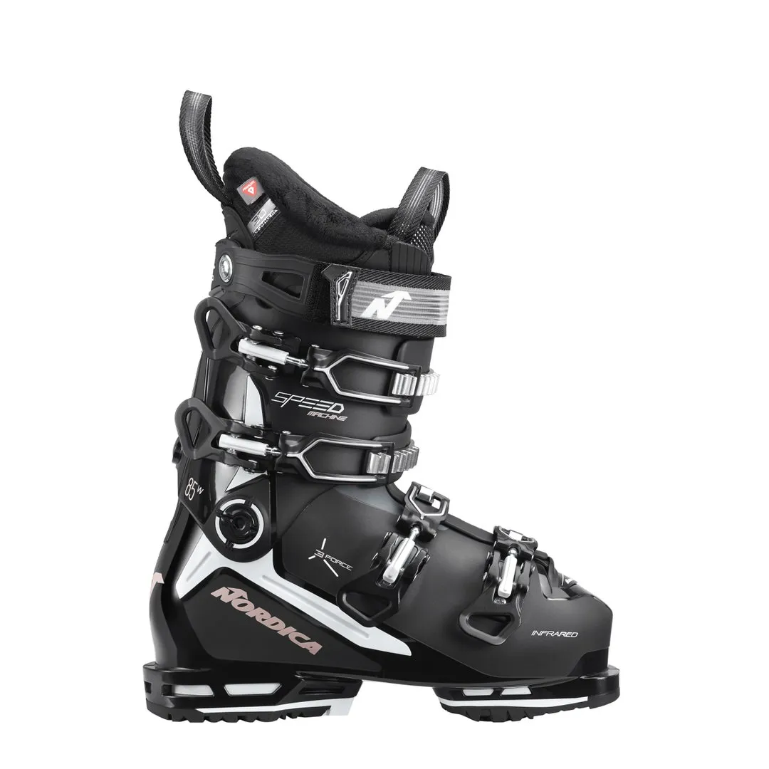 Black Nordica Speedmachine 85 W ski boot from the side, with metal buckles and white lettering.
