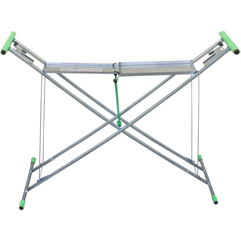 Silberner Klapp-Servicetisch mit grünen Akzenten, aufgebaut in X-Form.